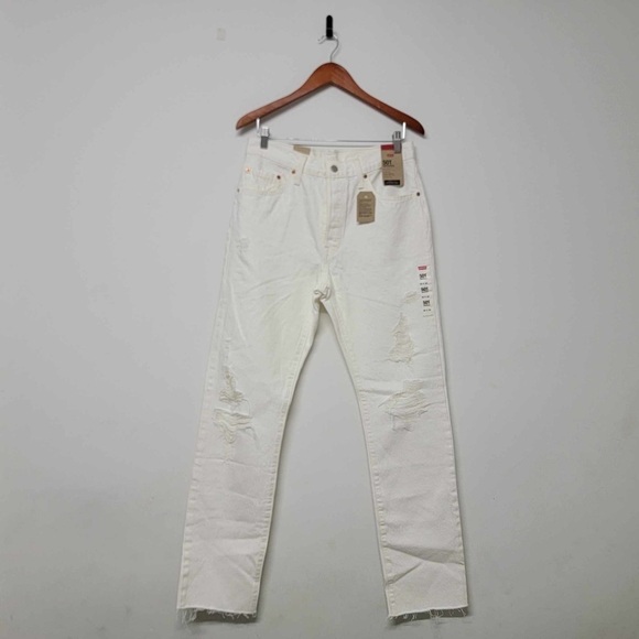 Levis 501 Original Non Stretch High Rise Button Fly Jeans in Destructed White 30 - Picture 1 of 5